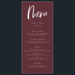 Menu Merlot Modern Minimalist Wedding<br><div class="desc">Moderne,  minimalistische menukaart voor het huwelijksdiner met boho script font. De achtergrondkleur is rood met witte teksten.</div>