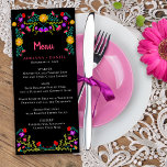 Menu Mexicaanse finan Floral Black Wedding<br><div class="desc">Levendig en Menu voor een bruiloft of een andere speciale gelegenheid. Dit Mexicaanse bloemthema heeft kleurrijke Mexicaanse volkskunstbloemen in rood, roze, paarse en geel op een zwarte achtergrond. De achterkant van de kaart heeft een bloemboeket gemaakt van dezelfde fiesta bloemen. De sjabloon is klaar voor u om het menu aan...</div>