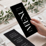 Menu Minimalistisch zwart huwelijk van Classy<br><div class="desc">Dit zwarte en witte huwelijksmenu is geweldig voor een moderne bruiloft. Het bevat vetgedrukte letters aan de voorzijde van de kaart. Het menu is dubbelzijdig en bevat een bewerkbare lijst met gerechten aan de achterkant. U kunt dit menu met de namen en de datum van de gebeurtenis personaliseren. U kunt...</div>