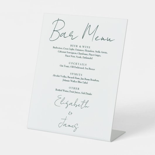Menu Minimalistische Emerald Green Script Bar Reclamebord Met Voetstuk (Voorkant)