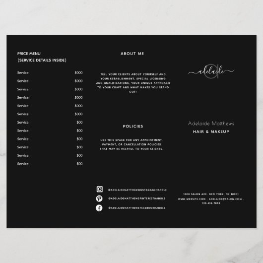 Menu Modern Black Hair Salon Price List Service (Voorkant)