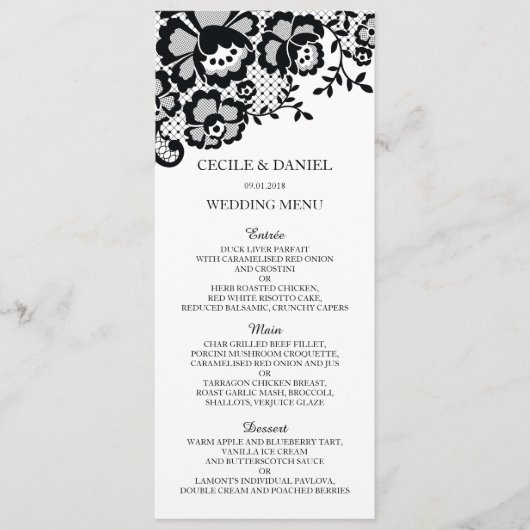 Menu Modern Chic Black Lace Formal Wedding (Voorkant)