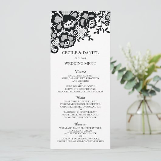 Menu Modern Chic Black Lace Formal Wedding (Staand voorkant)
