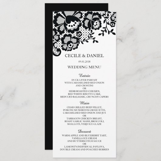 Menu Modern Chic Black Lace Formal Wedding (Voorkant / Achterkant)