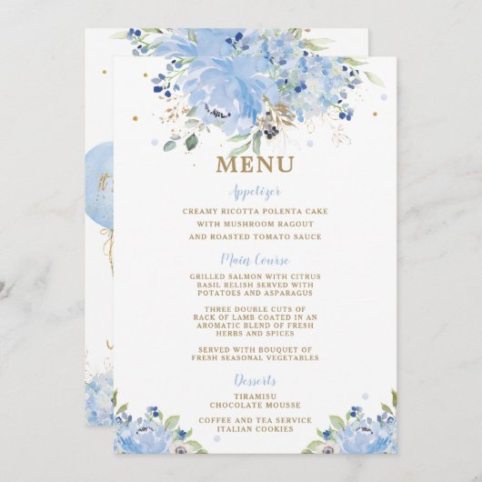 Menu Modern Chic Blue Floral Balloons Baby shower (Voorkant / Achterkant)