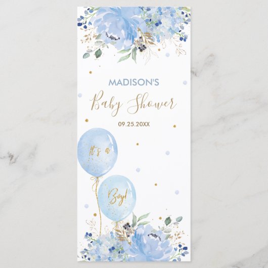 Menu Modern Chic Blue Floral Balloons Baby shower (Achterkant)
