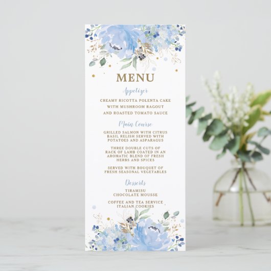 Menu Modern Chic Blue Floral Balloons Baby shower (Staand voorkant)