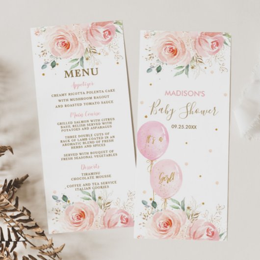 Menu Modern Chic Blush Floral Balloons Baby shower