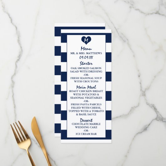 Menu Modern Chic Navy Blue & White Wedding (Voorkant / Achterkant in situ)