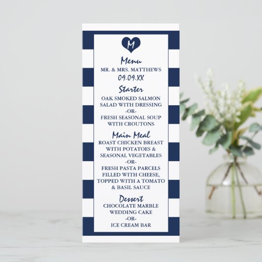 Menu Modern Chic Navy Blue & White Wedding (Staand voorkant)