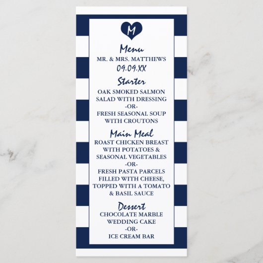 Menu Modern Chic Navy Blue & White Wedding (Voorkant)