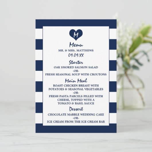 Menu Modern Chic Navy Blue & White Wedding (Staand voorkant)