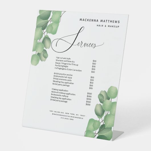 Menu Modern Foliage Greenery Hair Stylist Service Reclamebord Met Voetstuk (Voorkant)