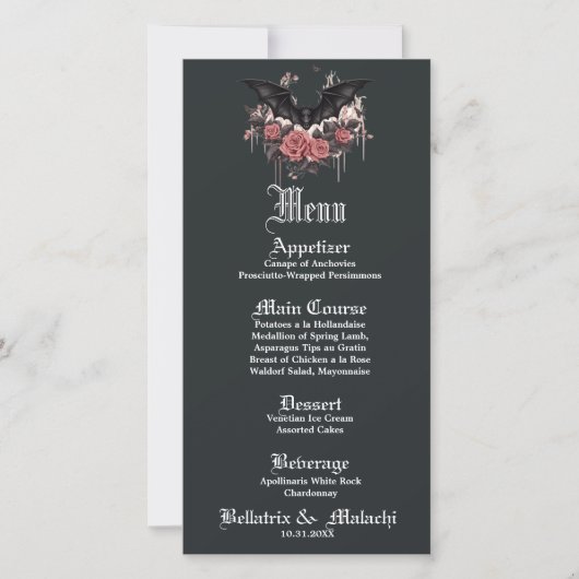 Menu Modern Gotisch Rosewood Bloemen en vleermuis (Voorkant)