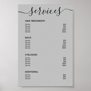 Menu Modern Gray Black Salon Price List Service Poster
