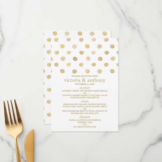 Menu Modern White & Gold Polka Dots Wedding (Voorkant / Achterkant in situ)