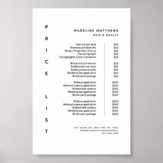 Menu Moderne minimalistische prijslijst voor witte Poster (Voorkant)