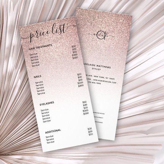Menu Moderne Roos Gold Glitter Spa Salon Price Lis