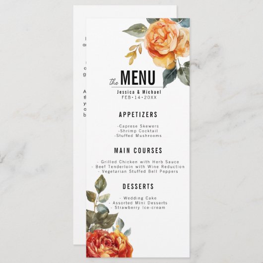 Menu + mooie tekst Marble Dreams Oranje Roos (Voorkant / Achterkant)