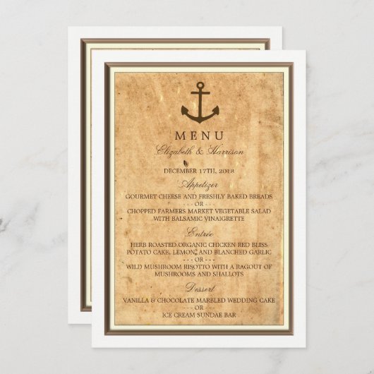 Menu Nautical Anchor Framed  Paper Wedding (Voorkant / Achterkant)