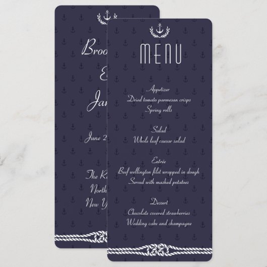 Menu Nautical Wedding met Blue Anchors (Voorkant / Achterkant)