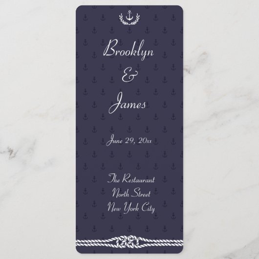 Menu Nautical Wedding met Blue Anchors (Achterkant)