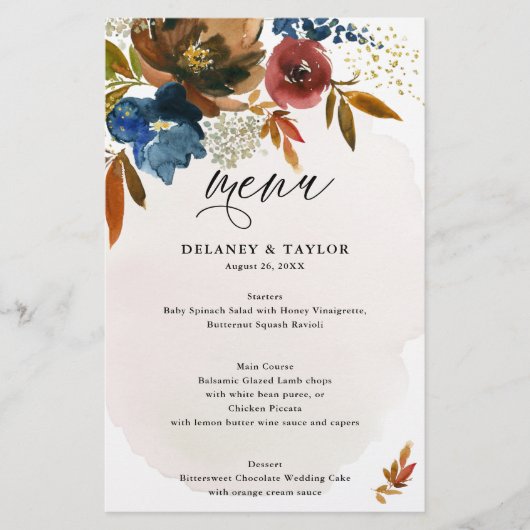 Menu Navy and Rust Waterverf Boho Floral Paper (Voorkant)