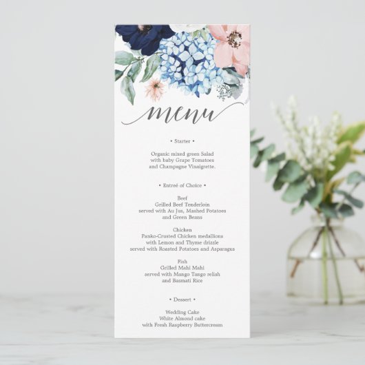 Menu Navy Blooms Weddenschap of Vrijgezellenfeest Kaart (Staand voorkant)