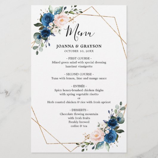 Menu Navy Blue Blush Botanical Geometric Wedding (Voorkant)