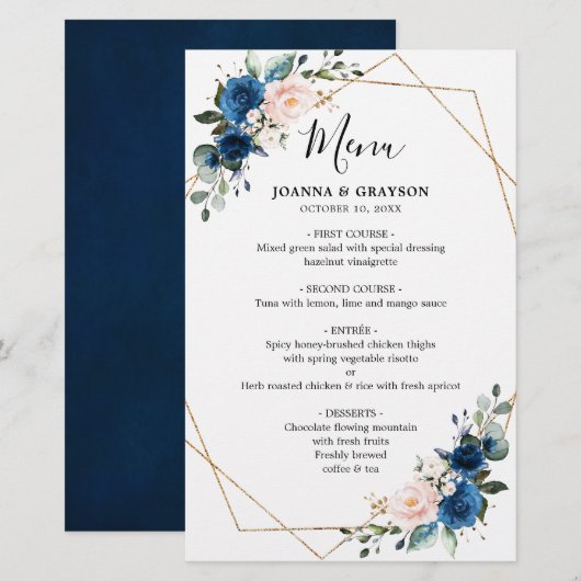 Menu Navy Blue Blush Botanical Geometric Wedding (Voorkant / Achterkant)