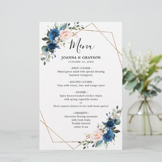 Menu Navy Blue Blush Botanical Geometric Wedding (Staand voorkant)