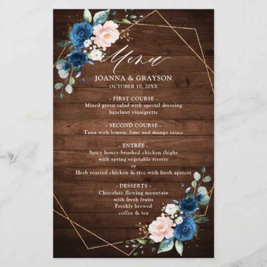 Menu Navy Blue Blush Rustic Wood Geometric Wedding (Voorkant)