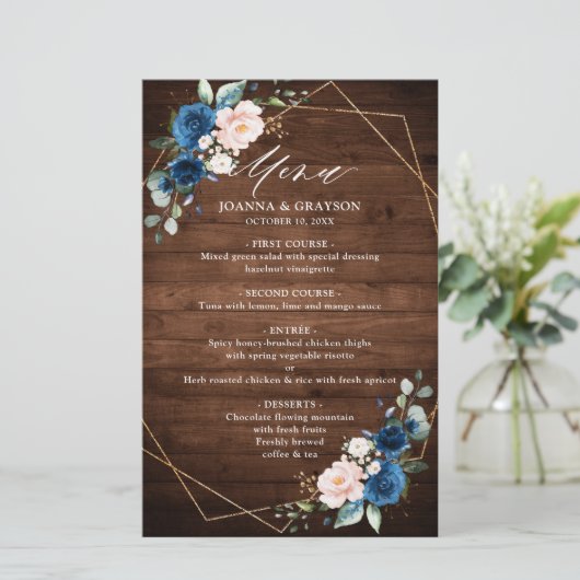 Menu Navy Blue Blush Rustic Wood Geometric Wedding (Staand voorkant)