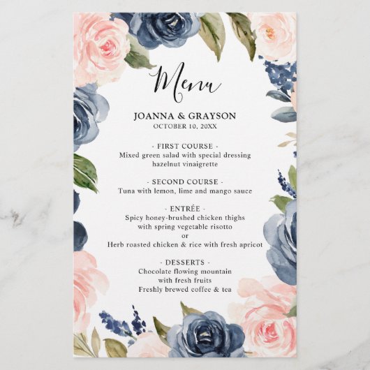 Menu Navy Blue Dusty Blush Pink Floral Wedding (Voorkant)