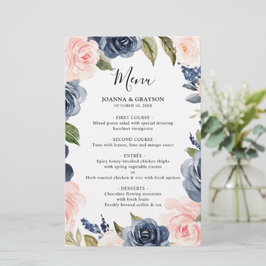 Menu Navy Blue Dusty Blush Pink Floral Wedding (Staand voorkant)