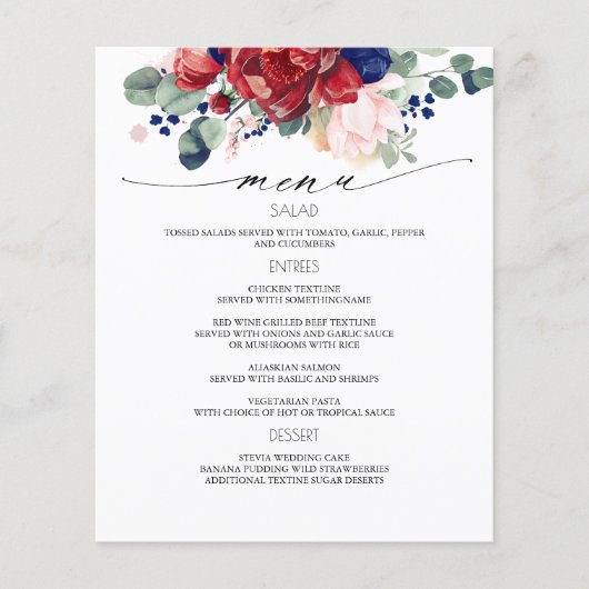 Menu Navy Blue en Burgundy Red Floral Wedding (Voorkant)