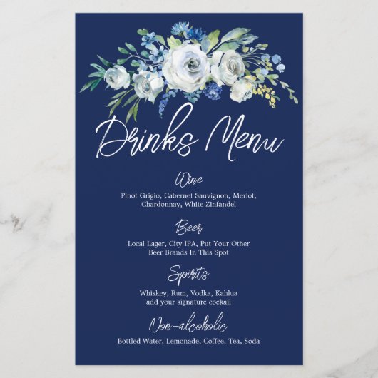 Menu Navy Blue Floral Modern Winter Wedding Drinke (Voorkant)
