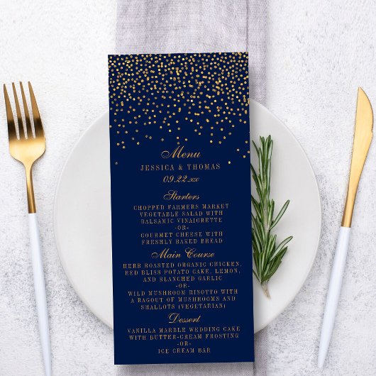 Menu Navy Blue & Glam Gold Confetti Wedding