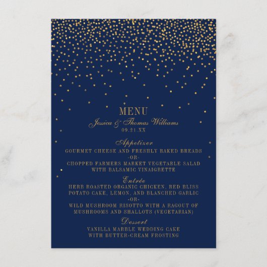 Menu Navy Blue & Glam Gold Confetti Wedding (Voorkant)