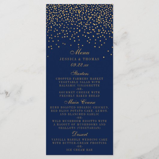 Menu Navy Blue & Glam Gold Confetti Wedding (Voorkant)