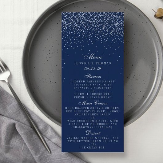 Menu Navy Blue & Glam Silver Confetti Wedding