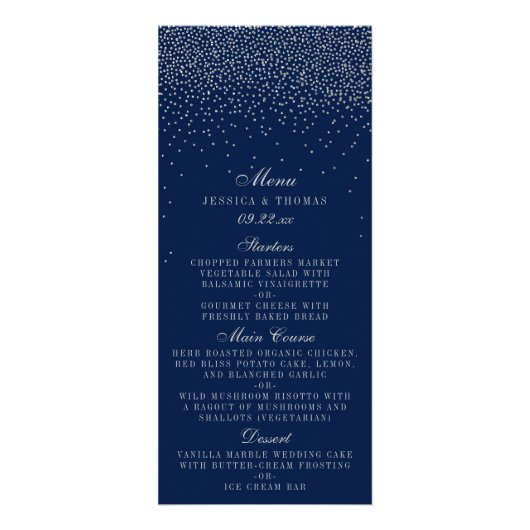 Menu Navy Blue & Glam Silver Confetti Wedding (Voorkant)