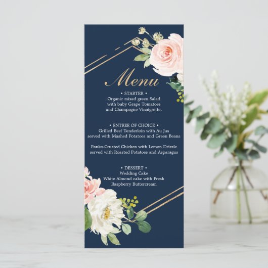 Menu Navy Blue Gold Blush Wedding (Staand voorkant)