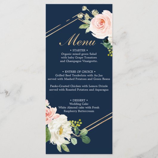 Menu Navy Blue Gold Blush Wedding (Voorkant)