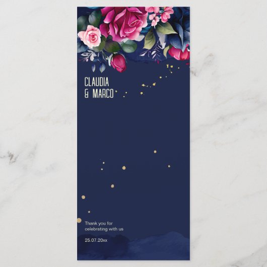 Menu Navy blue roze Blauwe bloemen sjabloon (Achterkant)