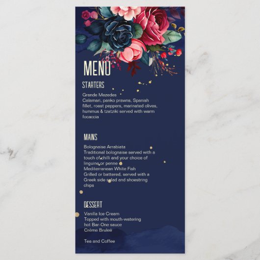 Menu Navy blue roze Blauwe bloemen sjabloon (Voorkant)