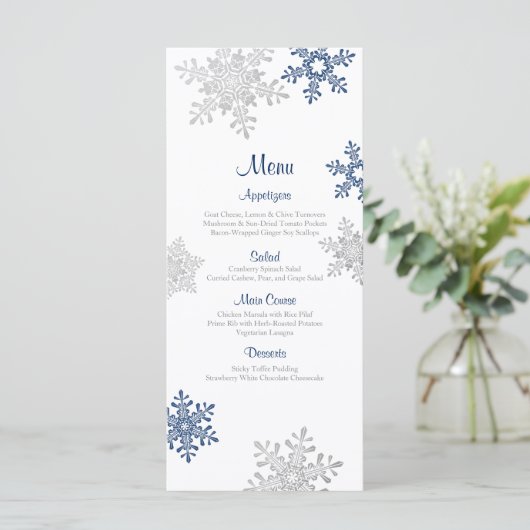 Menu Navy Blue Silver Snowflake Winter Wedding (Staand voorkant)