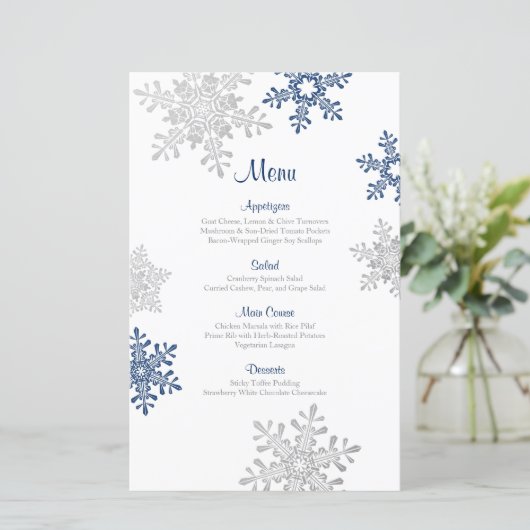 Menu Navy Blue Silver Snowflake Winter Wedding (Staand voorkant)