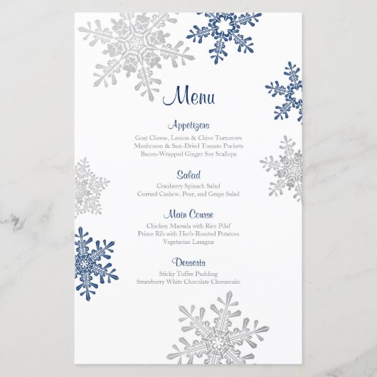 Menu Navy Blue Silver Snowflake Winter Wedding (Voorkant)
