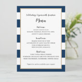 Menu Navy Blue Stripes en Gold Wedding Reception (Staand voorkant)